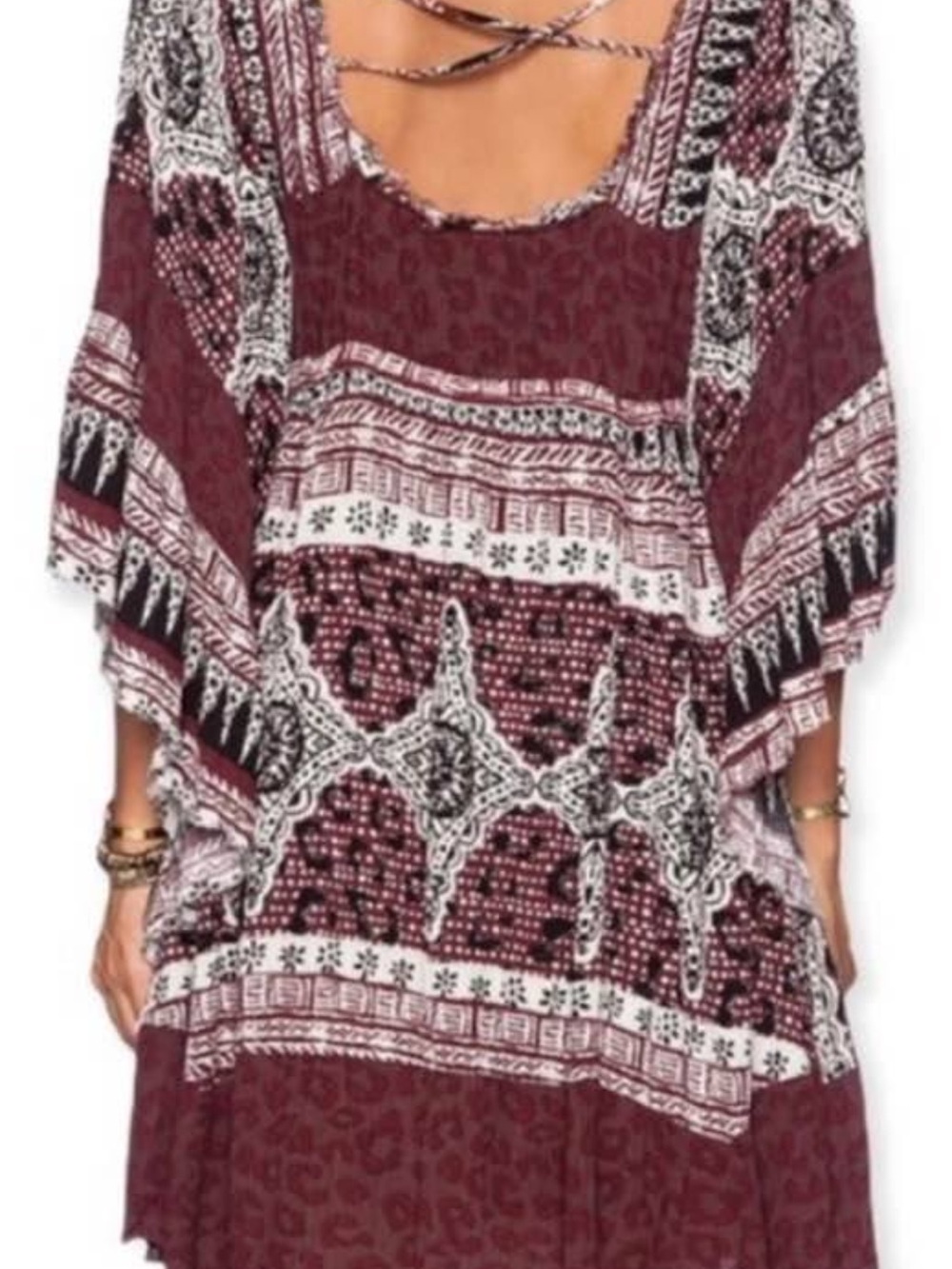 Free People Heart of Gold maroon & white paisley print dress w/raw fringe edges